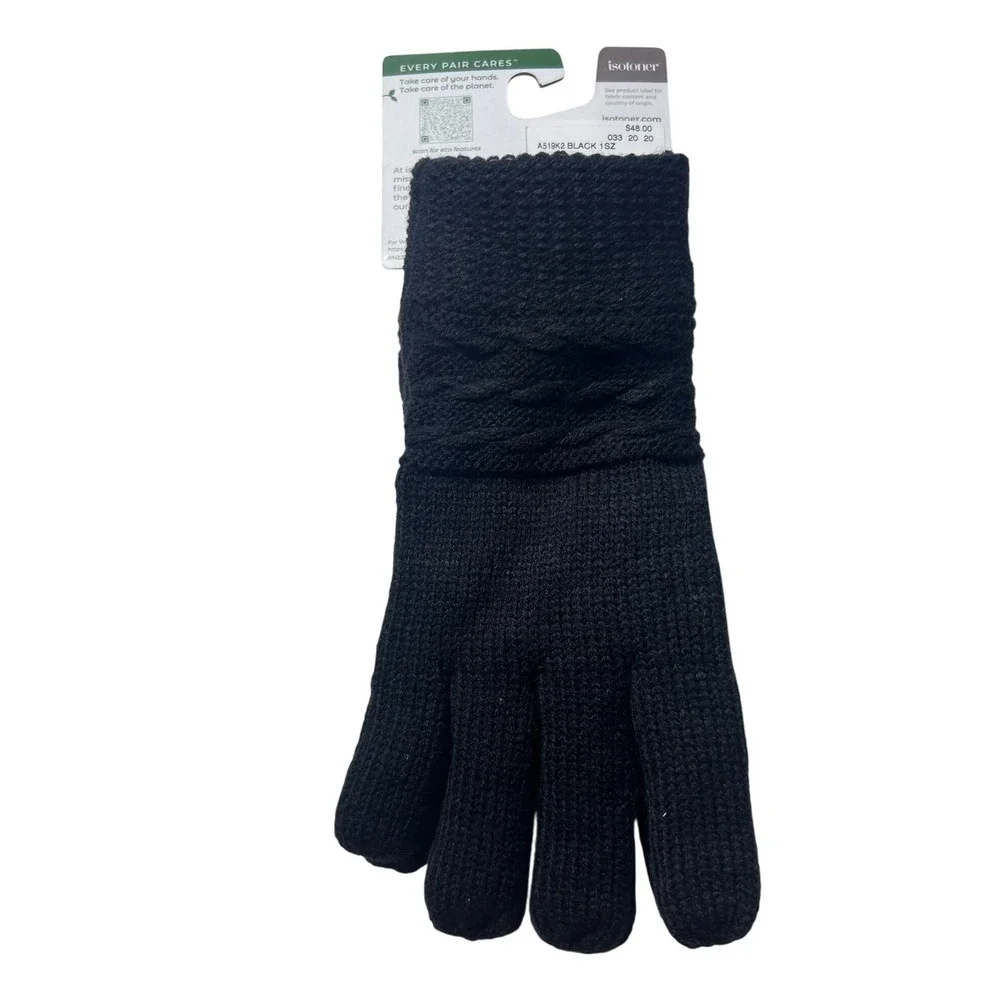 Isotoner Womens Black Eco Comfort SmartTouch Cable Knit‎ Gloves A519K2 NEW